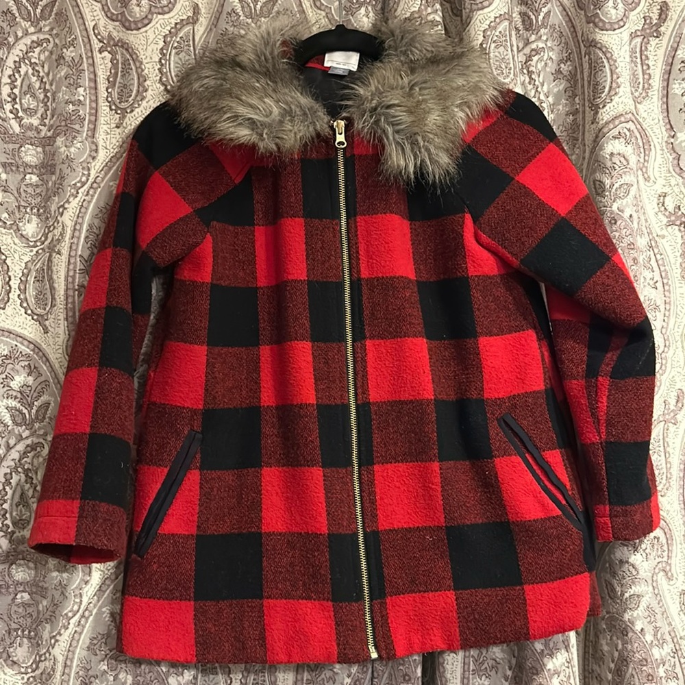 Black & red checked girls flannel jacket with fur colar